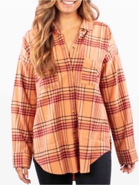 Rip Curl Seeker Flannel Button-Down Shirt – Women’s Medium – Orange/Red Plaid